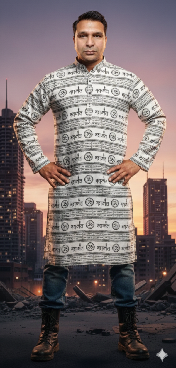 Men's white cotton Mahakaal printed kurta, regular fit, full sleeves , lohpath