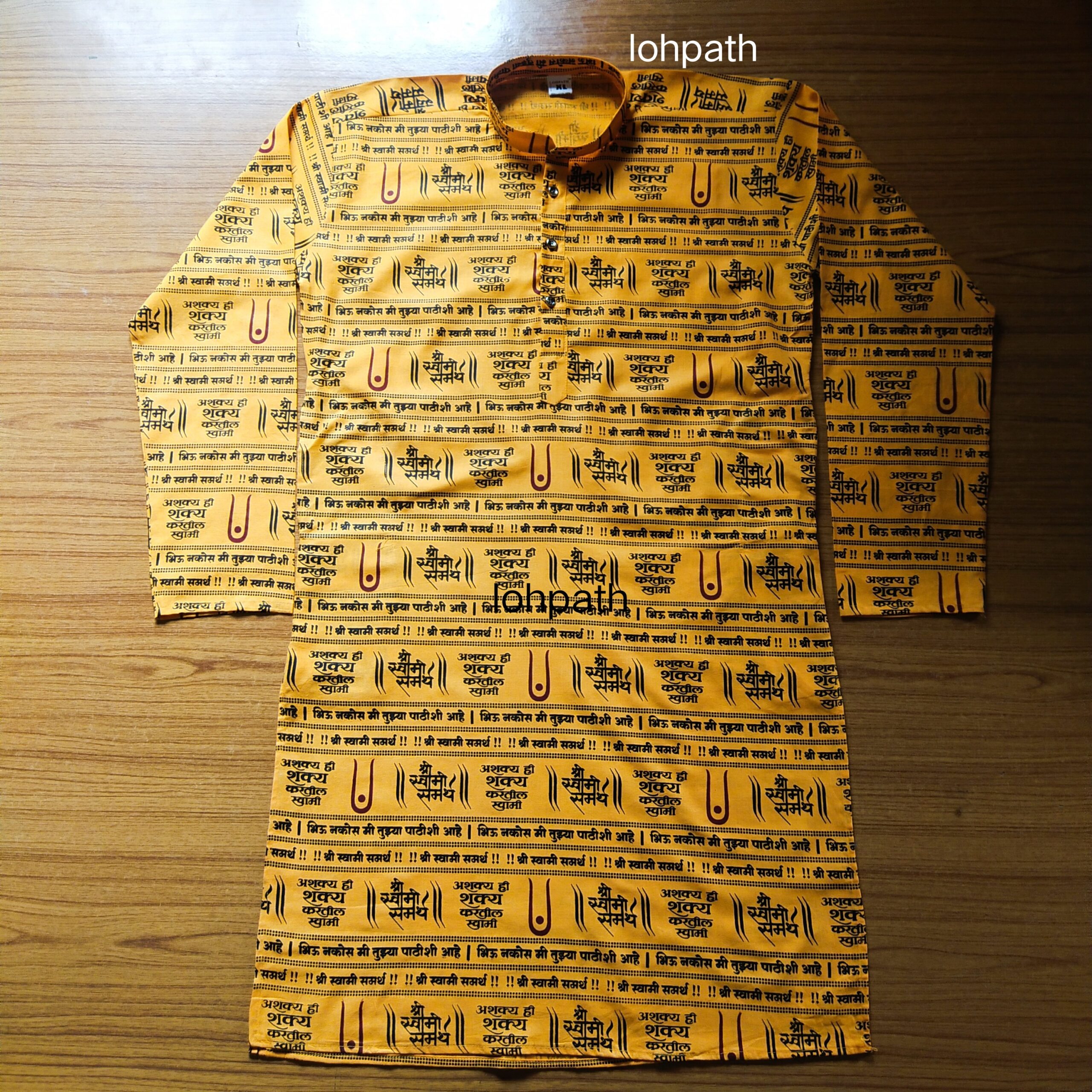 Men's yellow cotton regular fit Swami Samarth print kurta,full slive front view | Lohpath