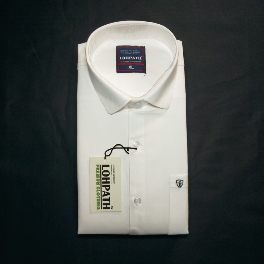 Men's white twill regular fit cotton shirt with button-down collar and chest pocket hanging on a wooden hanger.