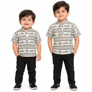 Boys Mahakal Print Single Button Short Kurta Front View