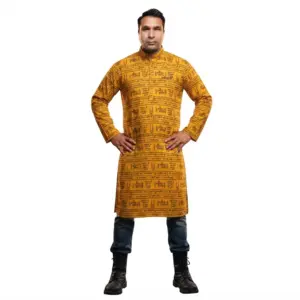 Men's yellow cotton regular fit Swami Samarth print kurta,full slive front view | Lohpath