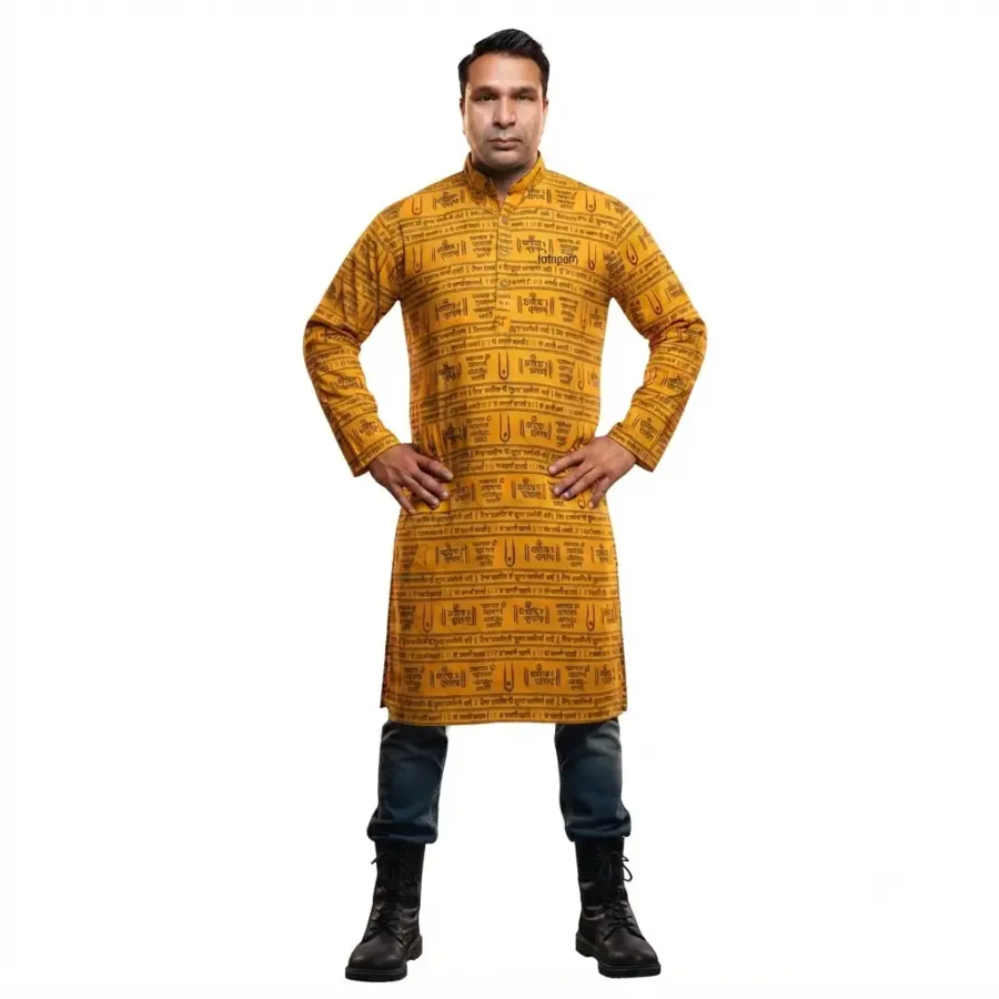 Men's yellow cotton regular fit Swami Samarth print kurta,full slive front view | Lohpath