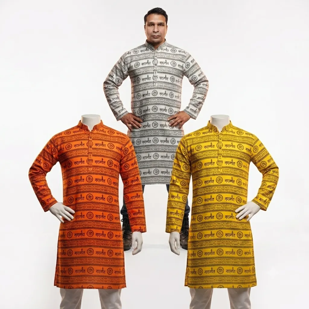 Mahakal Printed Cotton Kurta Wholesale Offer Buy 2 Get 1 Free White Orange Yellow