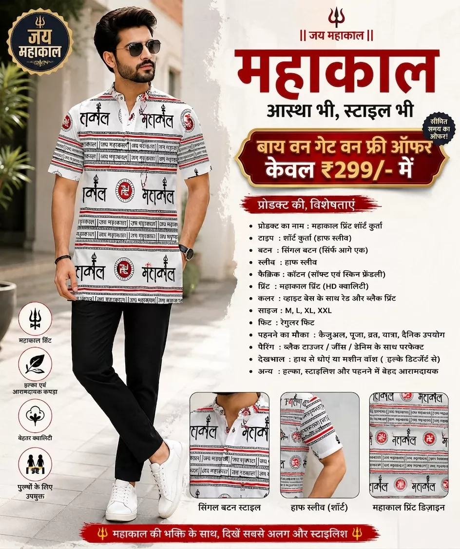 men-white-mahakal-printed-regular-fit-cotton-kurta