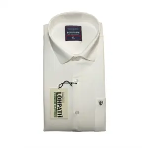 Men's white twill regular fit cotton shirt with button-down collar and chest pocket hanging on a wooden hanger.